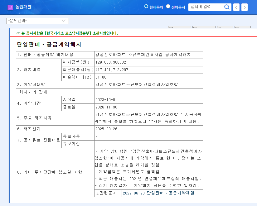 Dongwon Development's $1.3B Contract Termination: What Investors Need to Know 관련 이미지