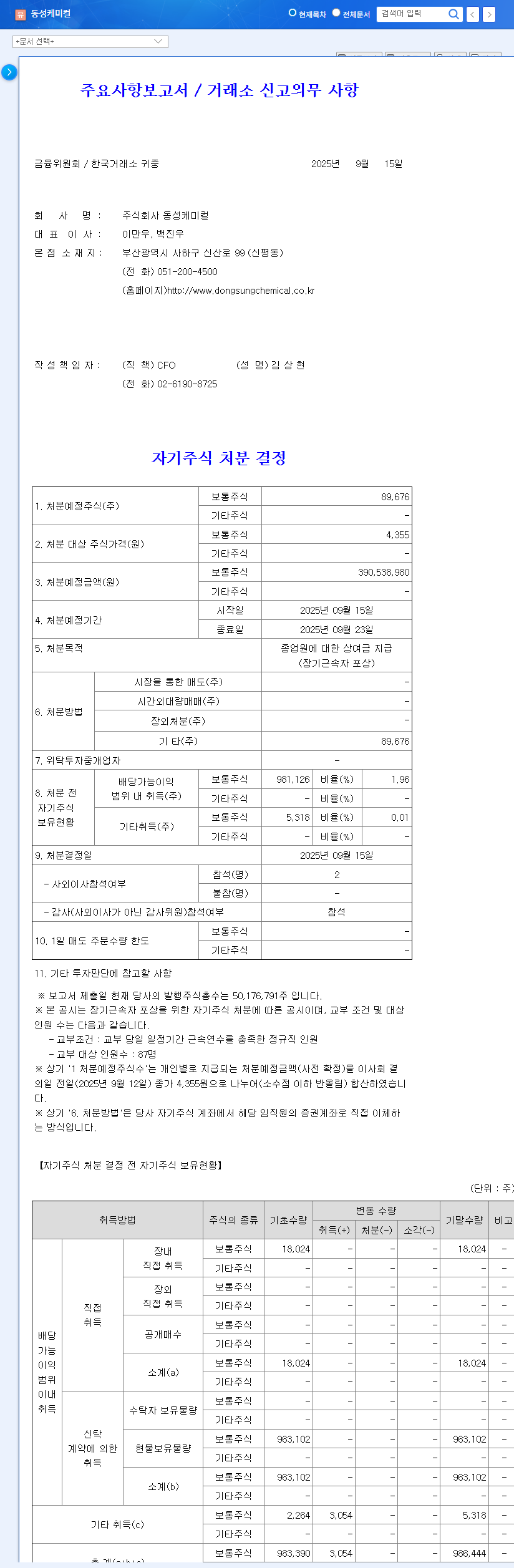DongSung Chemical's Treasury Stock Disposal: Impact on Stock Price (September 2025 Analysis) 관련 이미지