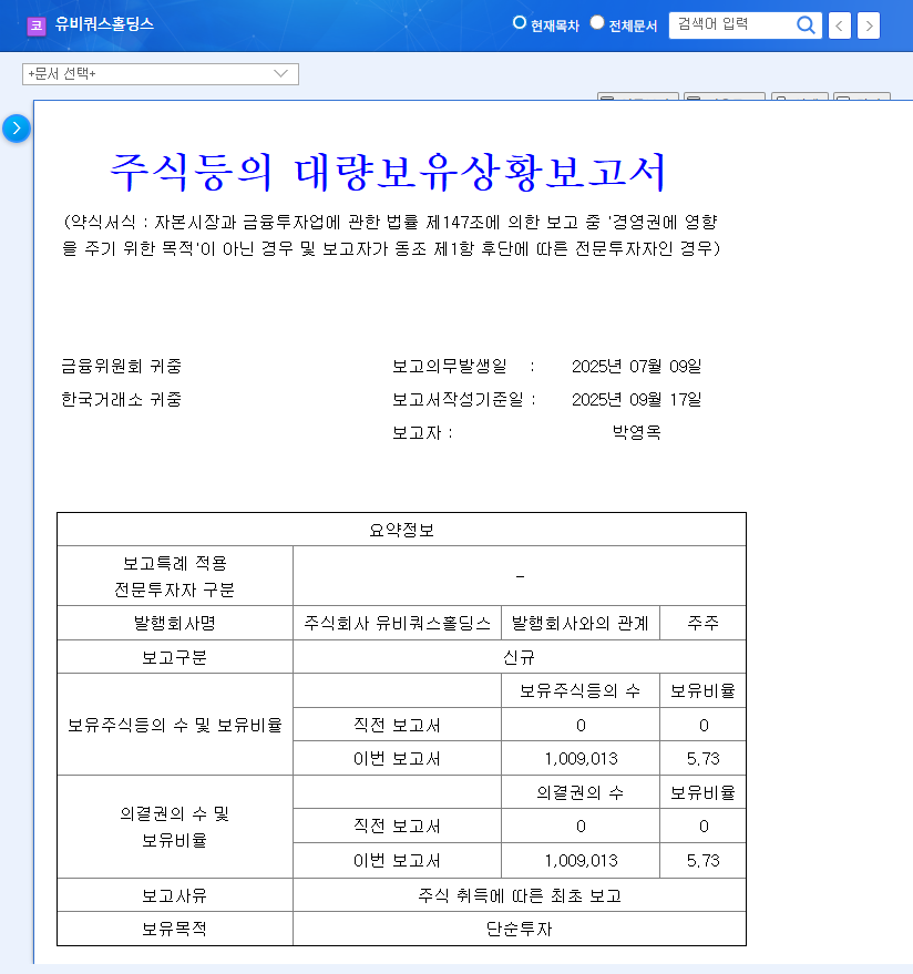 Park Young-ok Acquires 5.73% Stake in Ubiquitous Holdings: Investment Implications and Future Outlook 관련 이미지