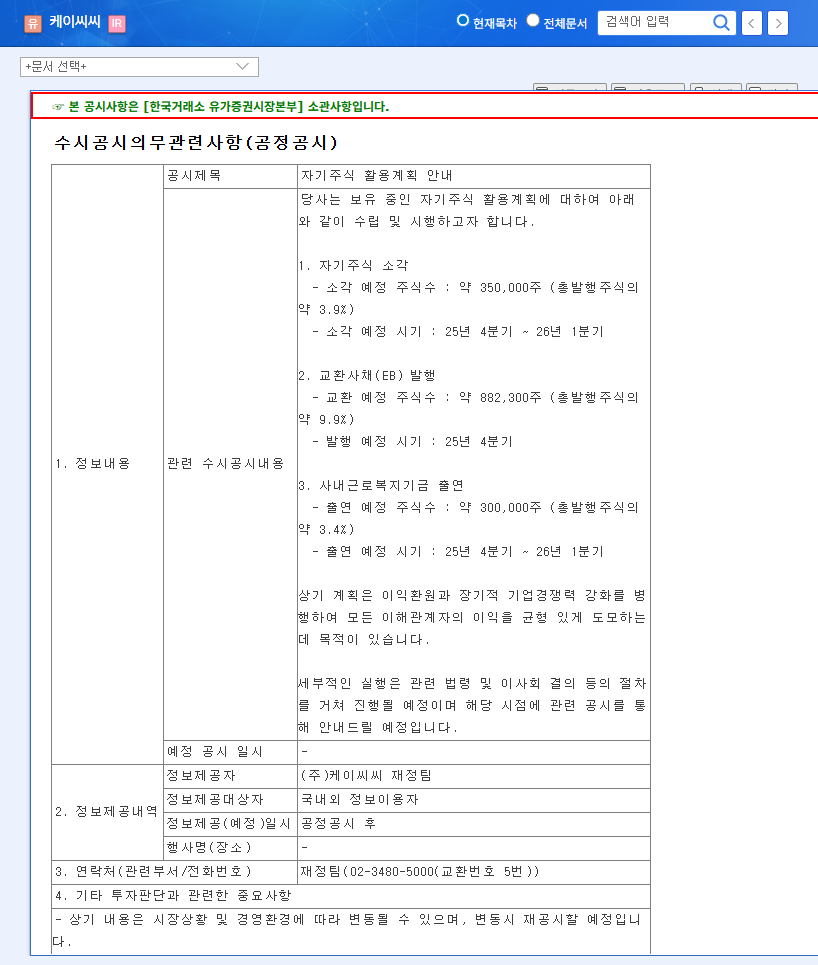 KCC's Treasury Stock Plan: Impact on Stock Price and Investment Strategy 관련 이미지