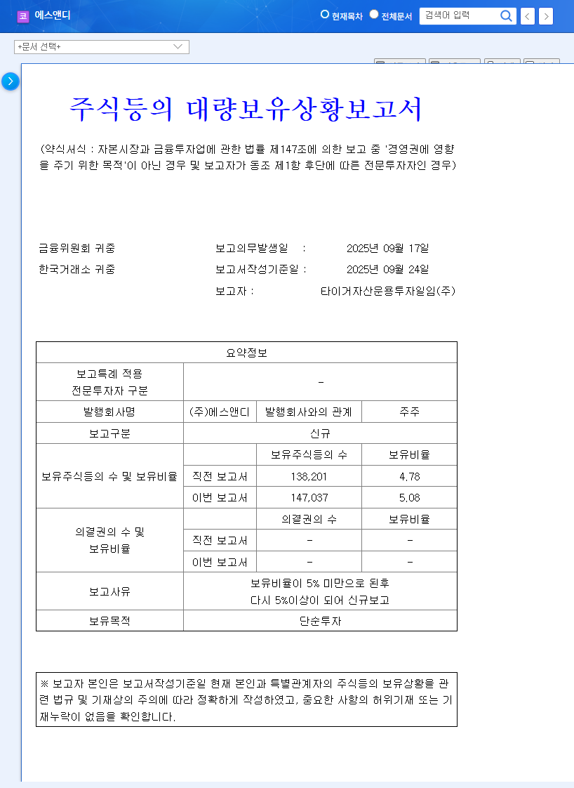Tiger Asset Management Acquires 5% Stake in S&D (260970): Investment Signal Analysis and Future Outlook 관련 이미지