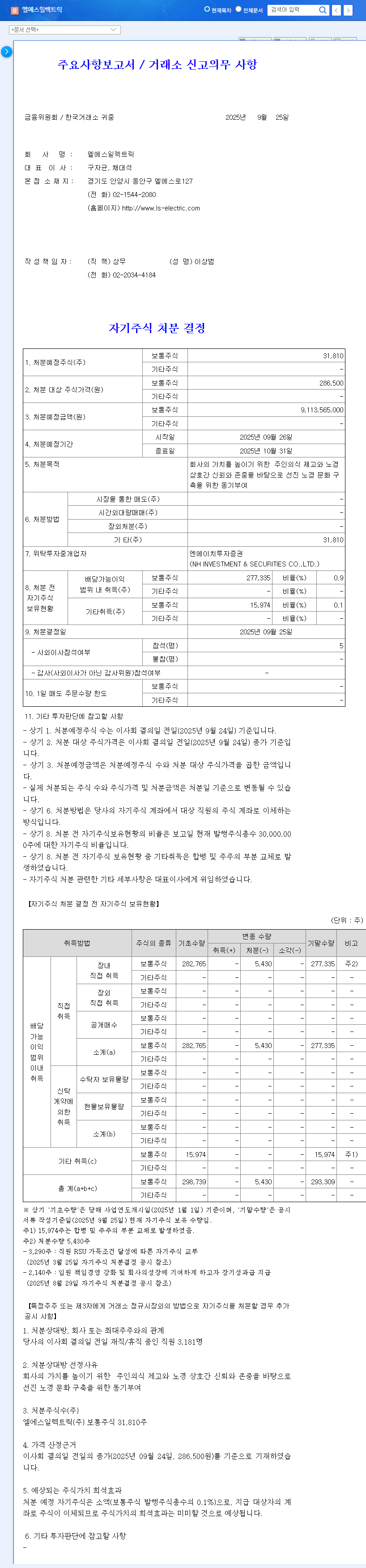 LS ELECTRIC Announces Treasury Stock Disposal: Impact on Stock Price? 관련 이미지