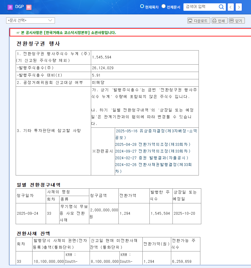 DGP (060900) Convertible Bond Exercise Analysis: Opportunity or Risk? (September 2025) 관련 이미지