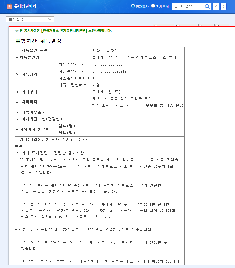 LOTTE Fine Chemical Invests 127 Billion Won: Strengthening Green Materials Business with Hesellos Acquisition 관련 이미지