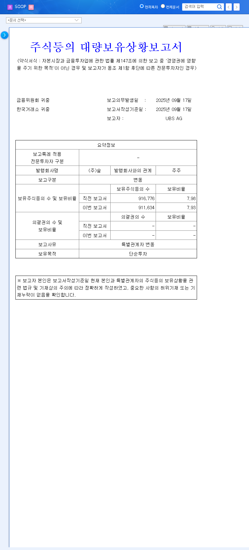 (067160) SOOP Stock (067160) Analysis: Is the UBS AG Stake Change a Major Concern? 관련 이미지