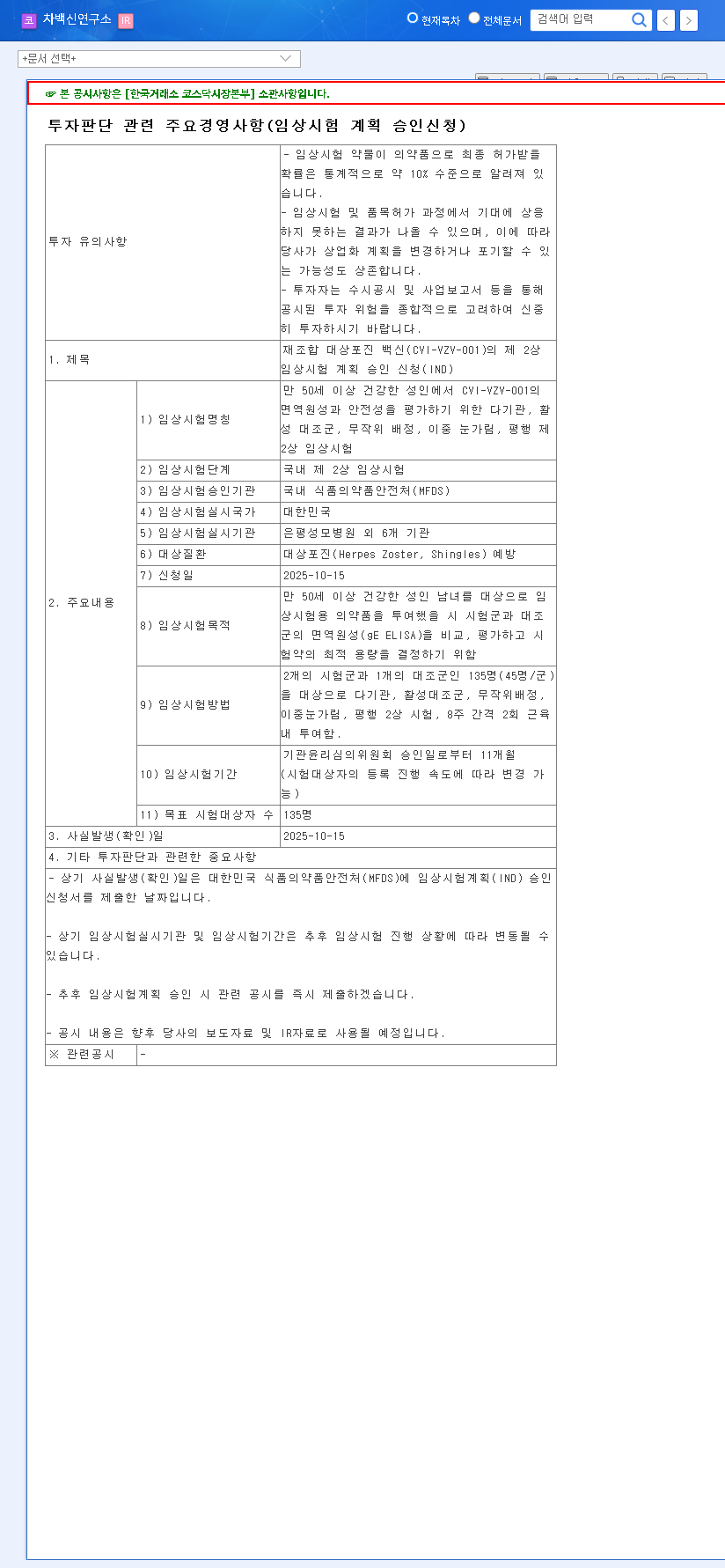 (261780) CHA's CVI-VZV-001 Shingles Vaccine: A Deep Dive into the Phase 2 Clinical Trial 관련 이미지