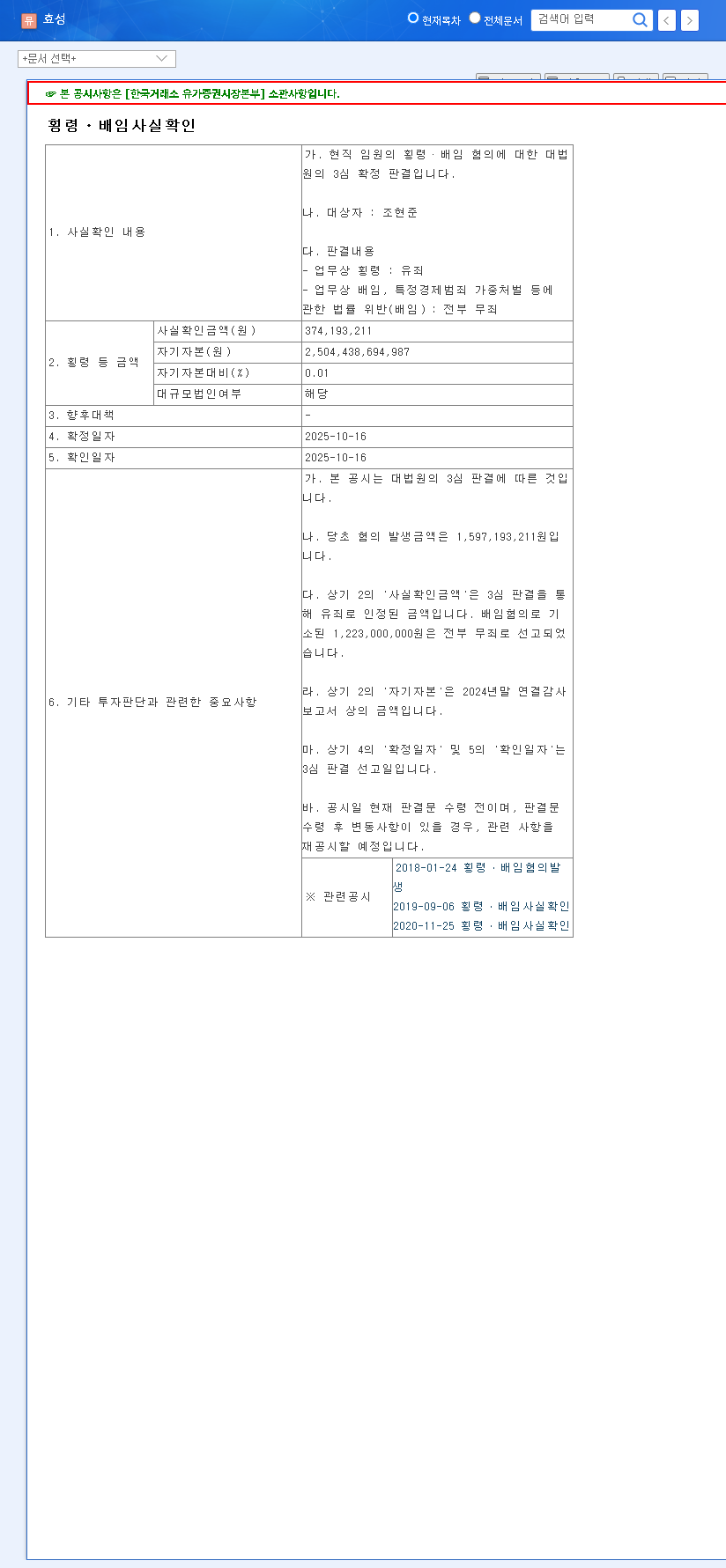 (004800) HYOSUNG CORPORATION Stock: Impact of Cho Hyun-Joon's Embezzlement Conviction 관련 이미지