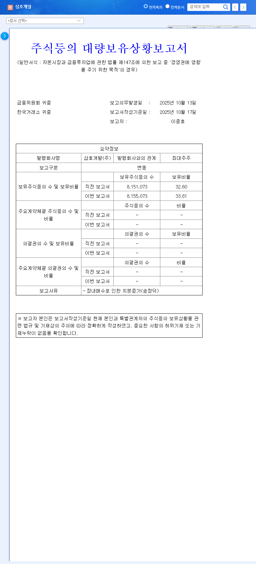 (010960) SAMHO DEVELOPMENT CO (010960): Lee Jong-ho's Stake Hits 33.81% in a Bid for Management Influence 관련 이미지