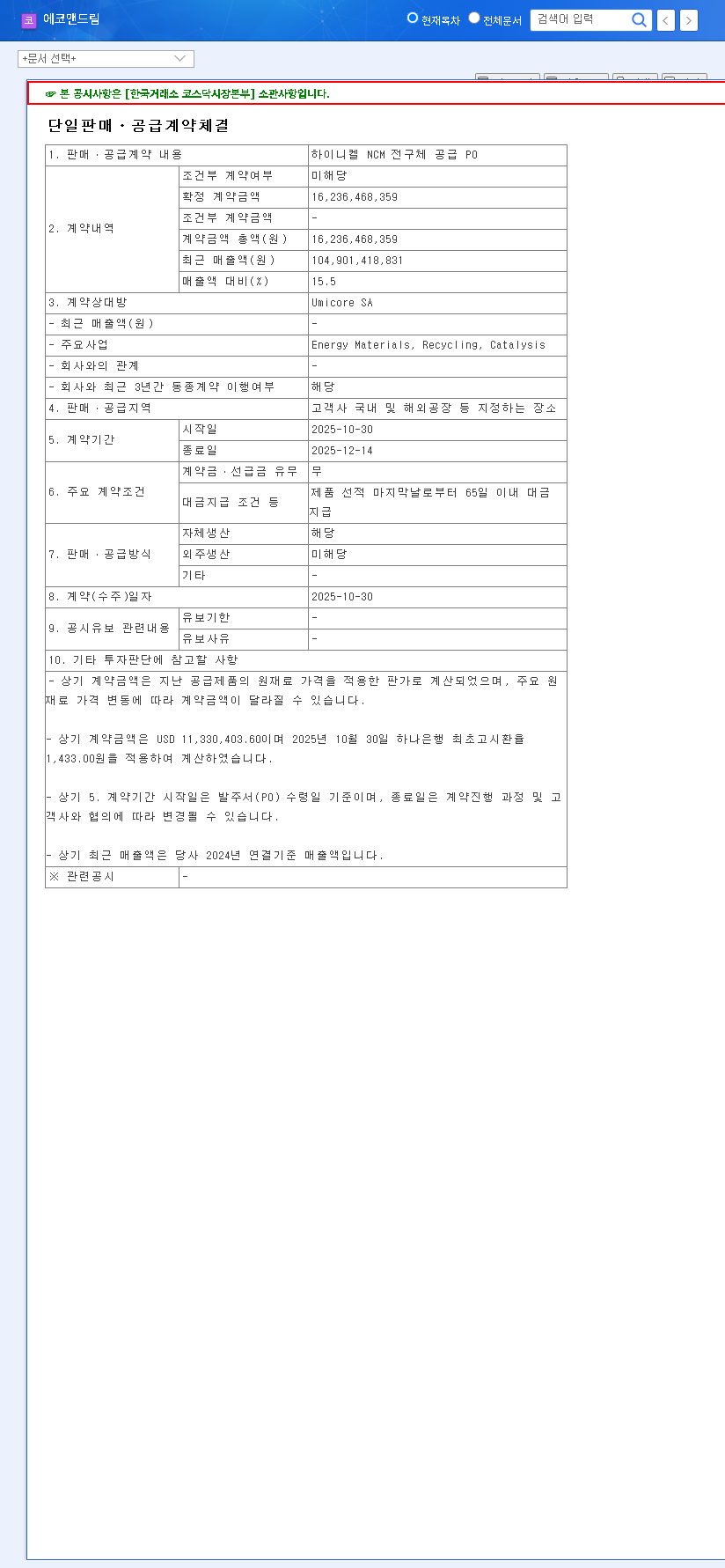 (101360) Eco&Dream Inks ₩16.2B High-Nickel Precursor Deal with Umicore: A Deep Dive for Investors 관련 이미지