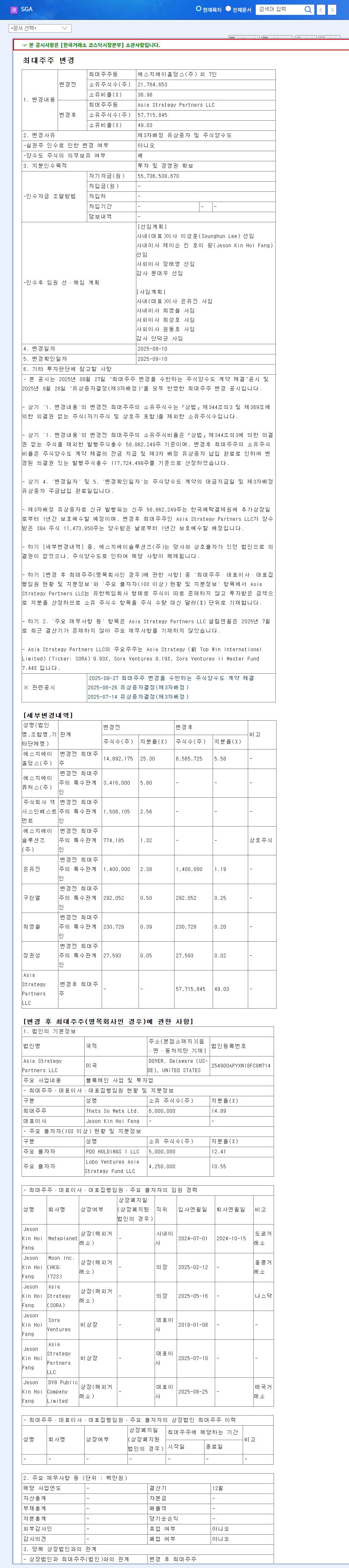 SGA's Change in Major Shareholder: Impact on Stock Price and Investment Strategies (September 2025) 관련 이미지