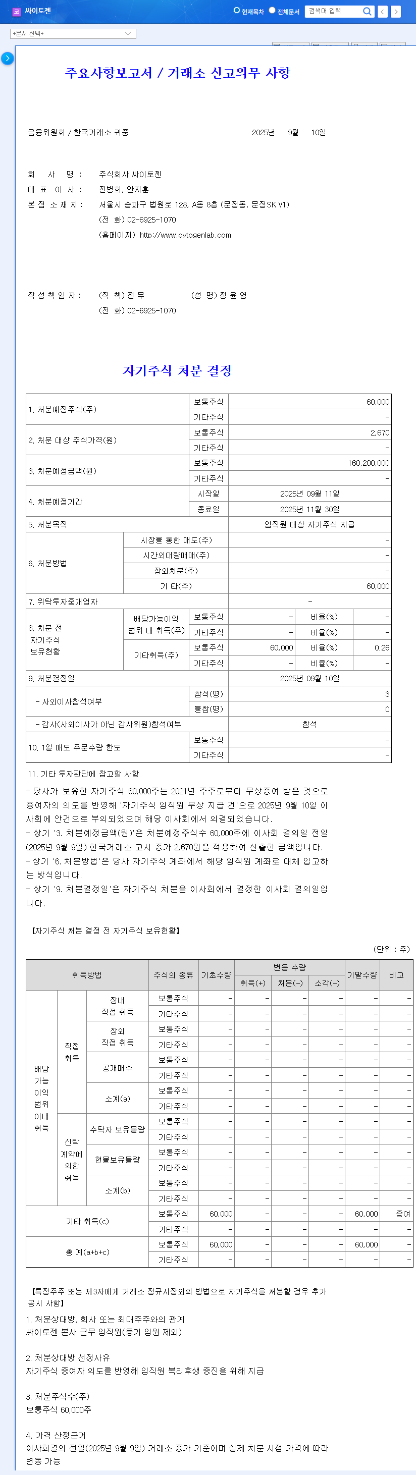 Cytogen Announces Treasury Stock Disposal: Impact on Stock Price and Investment Strategy 관련 이미지